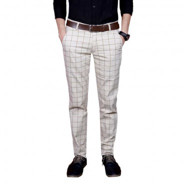 Slim Fit Men Cream Cotton Blend Trousers