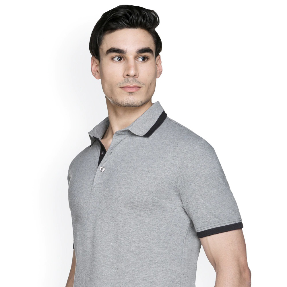 Men Grey Solid ESS Pique Tipping Polo Collar T-shirt